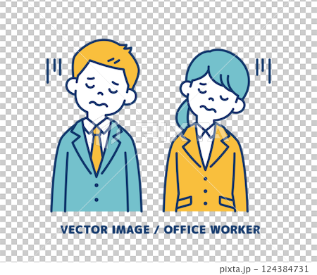 Simple vector illustration of male and female office workers with slumped shoulders and disappointment_Line editable 124384731