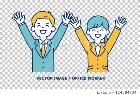 Simple vector illustration of male and female office workers raising their arms in a smile_Line editable 124384734