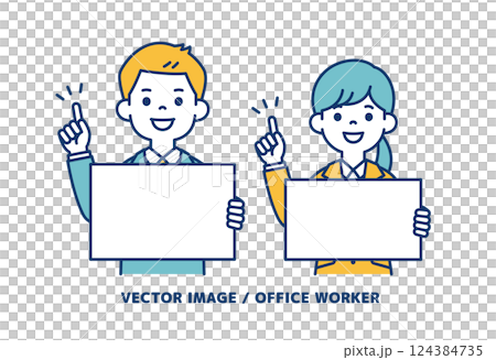 Simple vector illustration of male and female office workers holding a board and explaining the points_Line editable 124384735