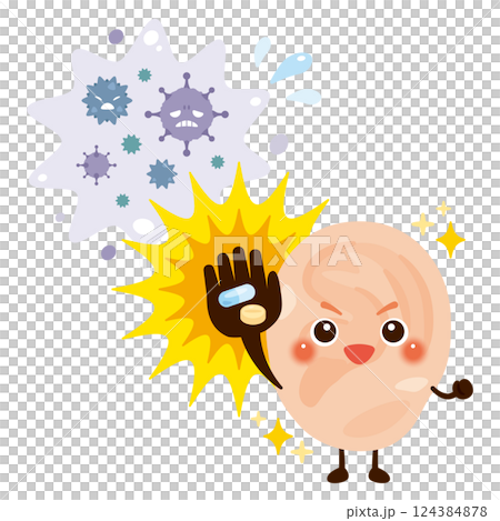 Character illustration of an ear that gets better after treating a virus with medicine 124384878