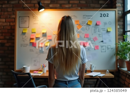 Creative Professional Woman Brainstorming in Front of a Sticky Note Whiteboard 124385049