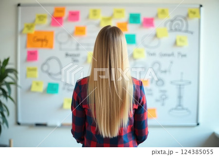 Creative Professional Woman Brainstorming in Front of a Sticky Note Whiteboard 124385055