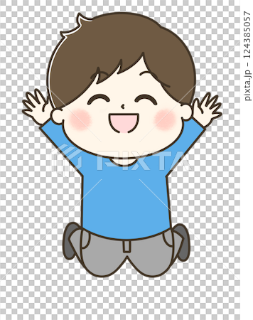 万歳してジャンプする笑顔の男の子の全身ゆるかわイラスト 124385057