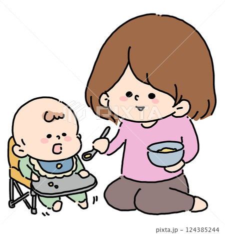 赤ちゃんに離乳食をあげるママ 124385244