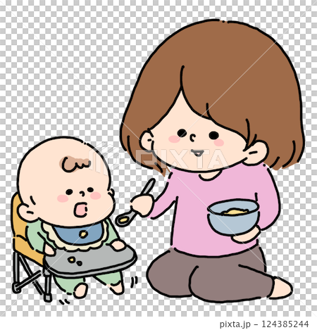 赤ちゃんに離乳食をあげるママ 124385244