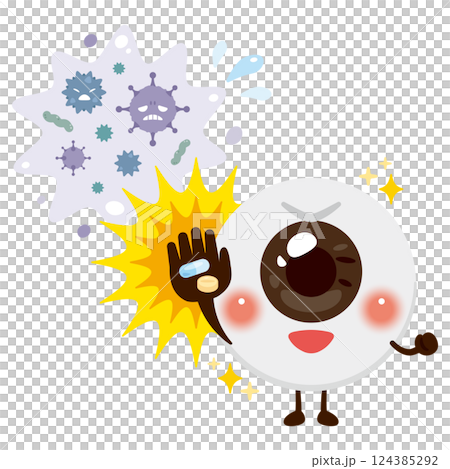 Character illustration of an eye recovering after treating a virus with medicine 124385292