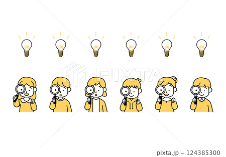 虫眼鏡を除く子供たちのベクターイラストセット 発見 好奇心 アイデア ひらめき 電球 女の子 男の子 124385300