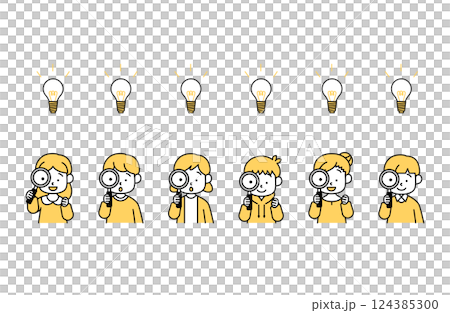 虫眼鏡を除く子供たちのベクターイラストセット 発見 好奇心 アイデア ひらめき 電球 女の子 男の子 124385300