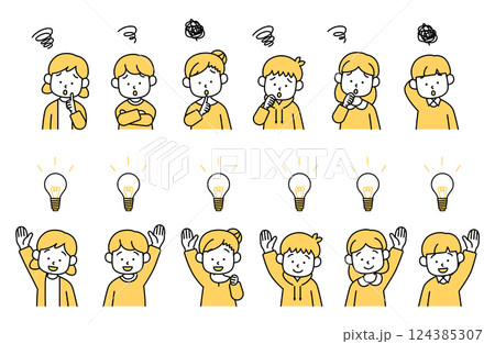 悩む、考える子供と解決、発見する子供のベクターイラストセット 男の子 女の子 ひらめき 電球 謎 124385307