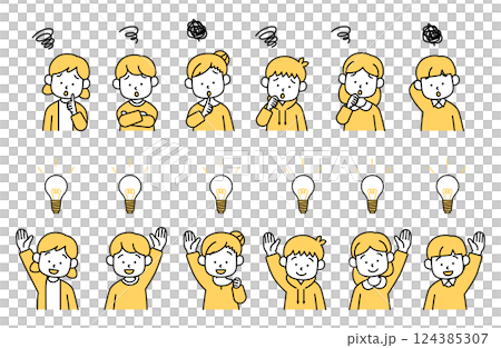 悩む、考える子供と解決、発見する子供のベクターイラストセット 男の子 女の子 ひらめき 電球 謎 124385307
