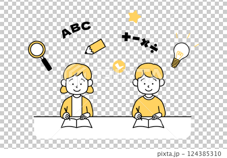 Vector illustration of a boy and girl studying. Children, arithmetic, English, inspiration, discovery, pencil, magnifying glass, light bulb Vector illustration of a boy and girl studying. Children, arithmetic, English, inspiration, discovery, pencil, magnifying glass, light bulb 124385310