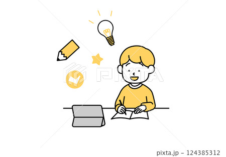 タブレット学習する男の子のベクターイラスト 子供 ひらめき 勉強 宿題  オンライン授業  124385312