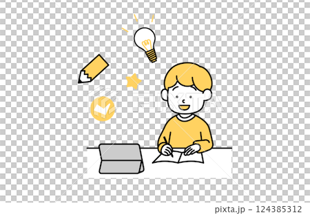 タブレット学習する男の子のベクターイラスト 子供 ひらめき 勉強 宿題  オンライン授業  124385312