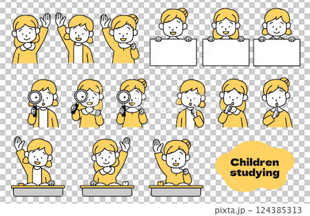 勉強する女の子のベクターイラストセット 子供 女子 女児 子ども 宿題 教育 学習 塾 小学生 授業 124385313