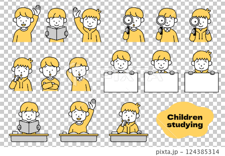 Vector illustration set of a boy studying. Child, boy, boy, child, homework, education, learning, cram school, elementary school student, lesson 124385314
