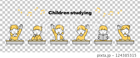学校で授業を受ける子供たちのベクターイラスト 挙手 男の子 女の子 勉強 教育 机 小学校 机 124385315