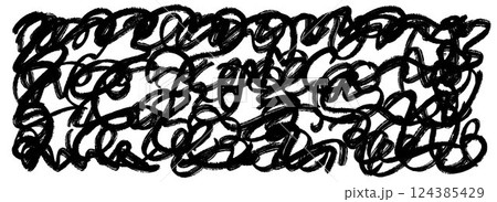 Black brush stroke scribbled texture. Hand drawn distressed grunge background for design template, banner, poster. Ink or paint doodled stroke wallpaper. Vector overlay scrawl and scrabble backdrop 124385429