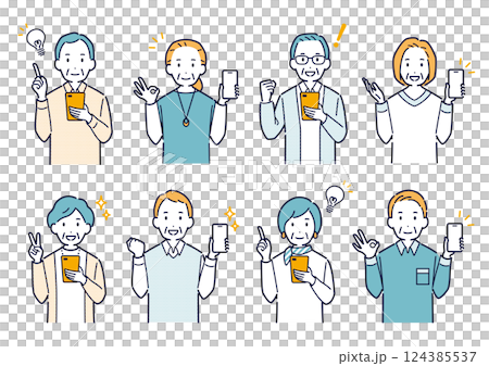 Illustration set of elderly people with bright expressions holding smartphones Illustration set of elderly people with bright expressions holding smartphones 124385537
