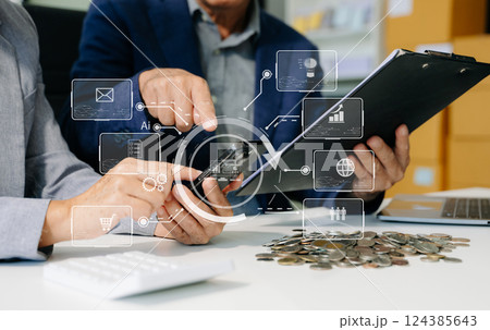 Business team meeting. professional investor working new start up project. Finance task. with smart phone 124385643