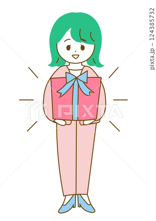 プレゼントを差し出すかわいいスーツの女性の全身イラスト　特典 124385732