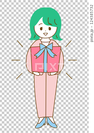 穿著西裝的可愛女人送禮物的全身插圖 - 獎勵 124385732