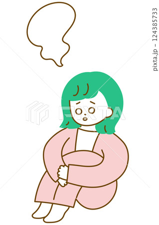 放心状態で膝を抱えて落ち込むスーツの女性のイラスト 124385733