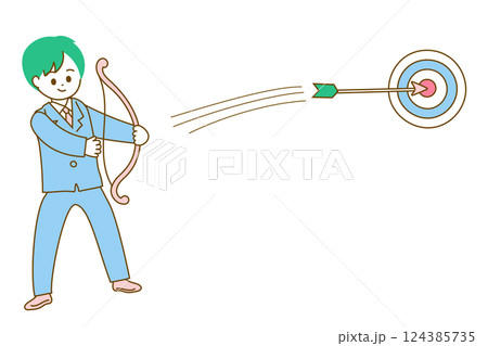 弓矢で的を射るビジネスマンのポップなベクターイラスト 124385735