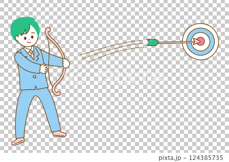 弓矢で的を射るビジネスマンのポップなベクターイラスト 124385735
