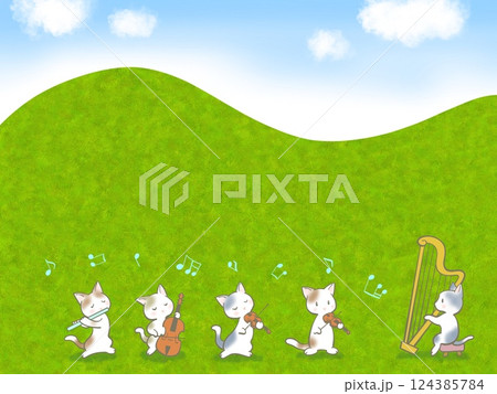野原でネコたちが合奏をしているイラスト 124385784