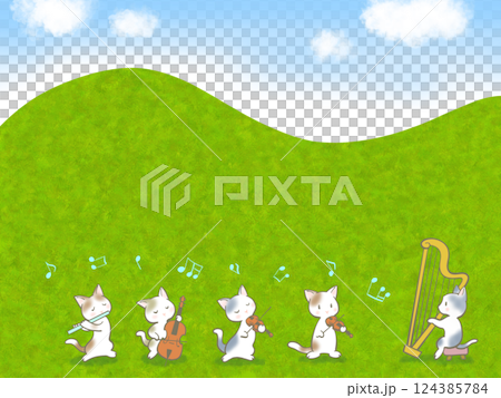 野原でネコたちが合奏をしているイラスト 124385784