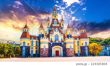 Fantastic beautiful medieval castle at VinWonders Amusement Park in Vinpearl island in Nha Trang in Vietnam Fantastic beautiful medieval castle at VinWonders Amusement Park in Vinpearl island in Nha Trang in Vietnam 124385804