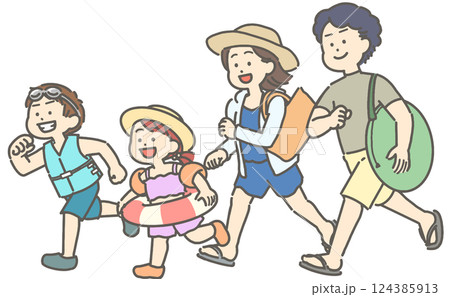 水着姿の夏の家族のイラスト 124385913