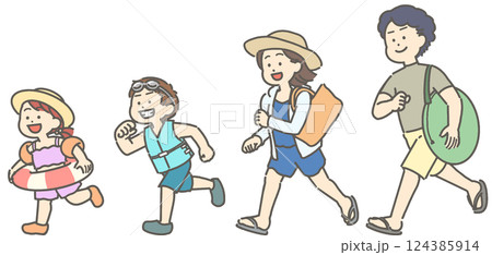 水着姿の夏の家族のイラストセット 124385914