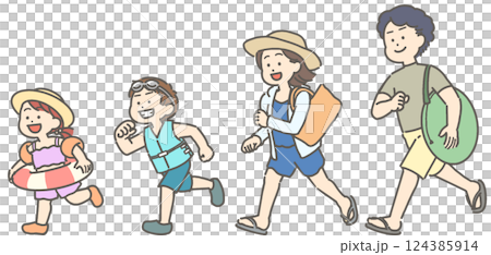 夏季穿泳衣的家庭插畫集 124385914