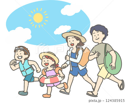 水着姿の夏の家族と青空のイラスト 水着姿の夏の家族と青空のイラスト 124385915