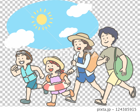 水着姿の夏の家族と青空のイラスト 水着姿の夏の家族と青空のイラスト 124385915