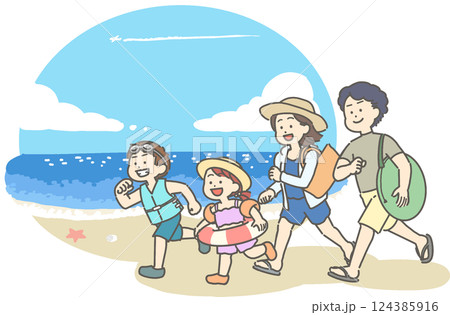 水着姿の夏の家族と海のイラスト 124385916