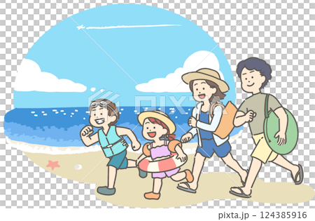 夏日家庭和穿著泳衣的大海的插圖 夏日家庭和穿著泳衣的大海的插圖 124385916