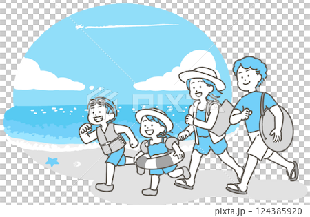 Illustration of a summer family and the sea in swimsuits 124385920