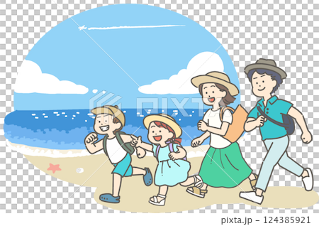 夏の海辺にいる家族のイラスト 124385921