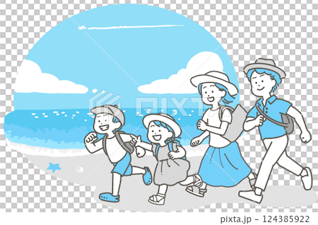 Illustration of a family at the beach in summer 124385922