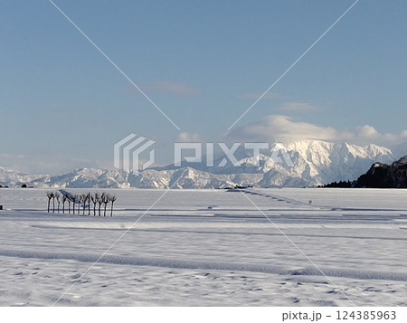 小千谷市池ヶ原雪原のハサ木.越後三山雪景色 124385963