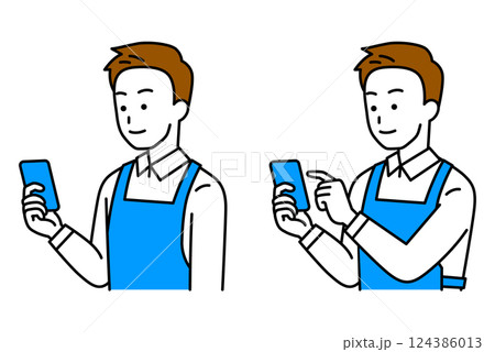 スマートフォンの画面を見るエプロン姿の男性のセット(見る/操作) スマートフォンの画面を見るエプロン姿の男性のセット(見る/操作) 124386013