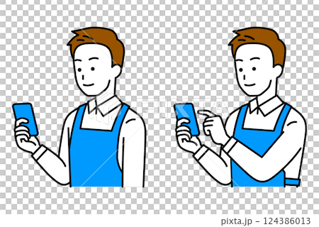 一名身穿圍裙的男子正在看智慧型手機螢幕（檢視/操作） 124386013