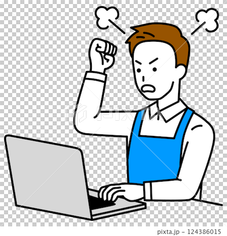 一名穿著圍裙的男子怒視著筆記型電腦螢幕 一名穿著圍裙的男子怒視著筆記型電腦螢幕 124386015