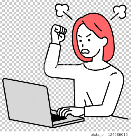 憤怒的休閒女人看著筆記型電腦螢幕 124386016
