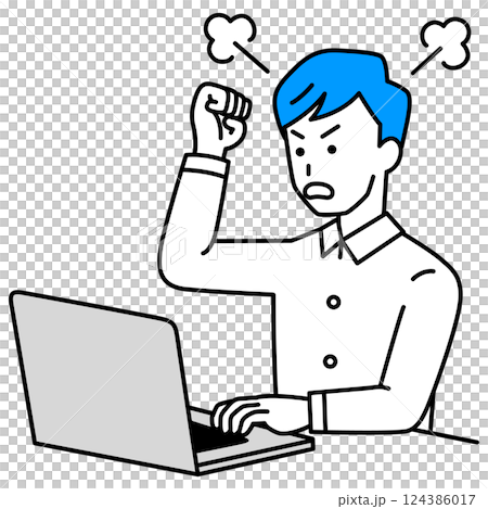 憤怒的休閒男人看著筆記型電腦螢幕 124386017