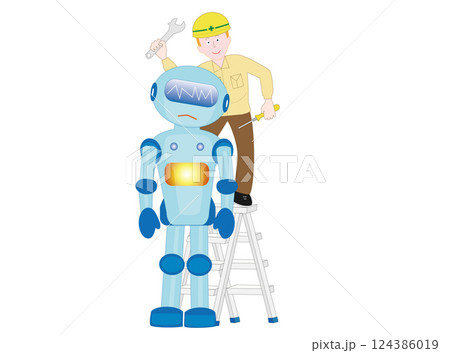 エンジニアが故障したロボットを修理している。 エンジニアが故障したロボットを修理している。 124386019