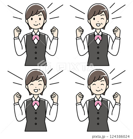 ガッツポーズする制服のベテラン女性のカラーイラスト 124386024