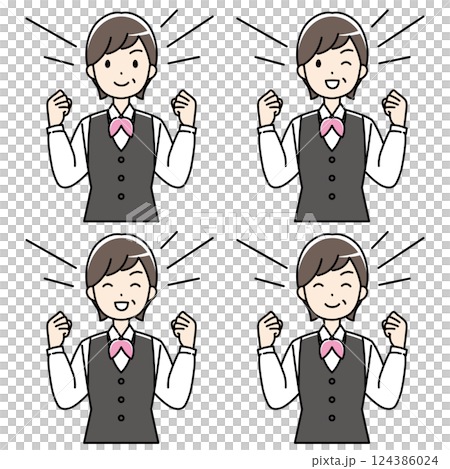 ガッツポーズする制服のベテラン女性のカラーイラスト 124386024
